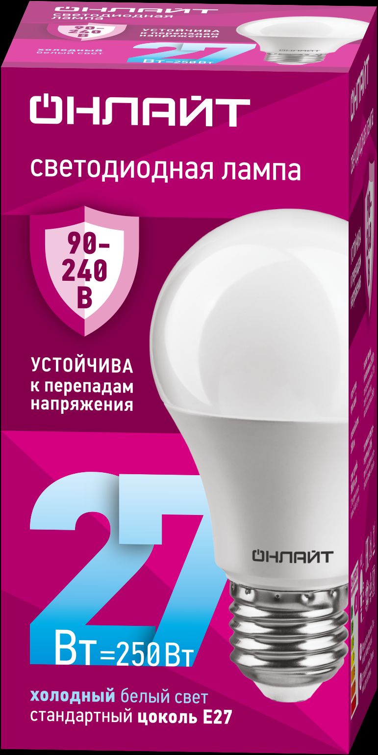 Лампа светодиодная 27вт OLL-A60-27-230-6.5K-E27 PRO 90-240В ОНЛАЙТ