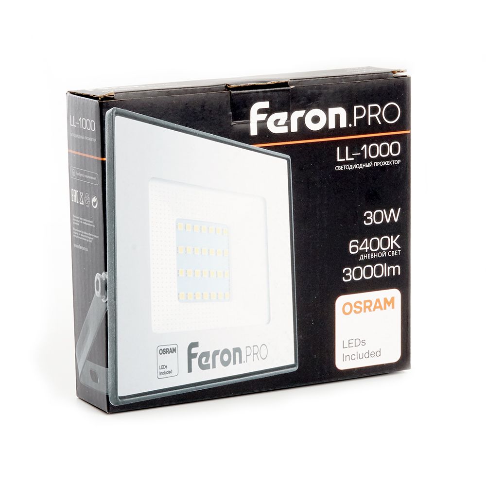 Прожектор светодиодный ДО-30w 6400К 3000Лм IP65 черный Feron.PRO