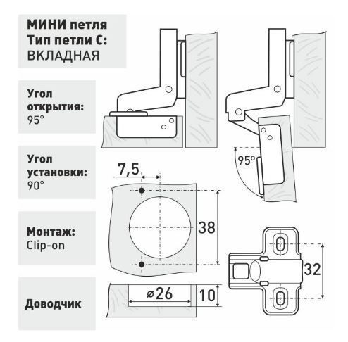 Soller Clip-on D26 мини петля мебельная вкладная с доводчиком (100,10!!!)