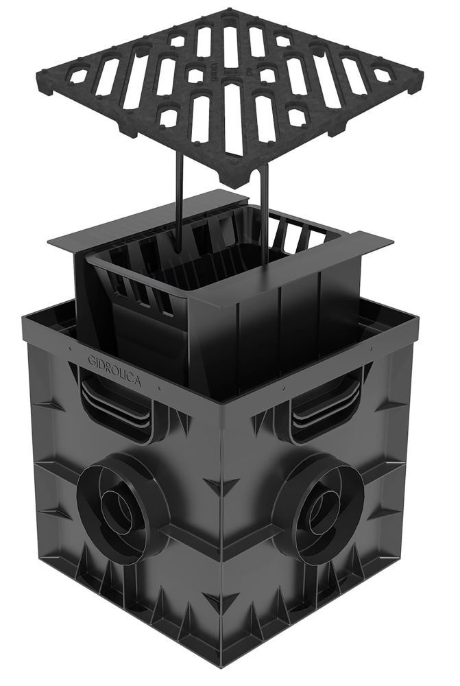 Дождеприемник 300х300 мм в сборе с чугунной решеткой под трубу d110 мм