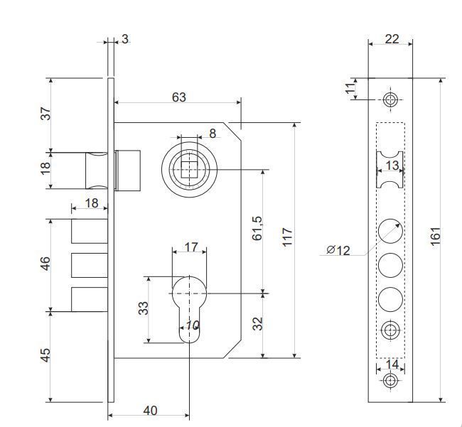 Апекс 1023/60-G золото м/о 61,5 Замок врезной с/руч (20)